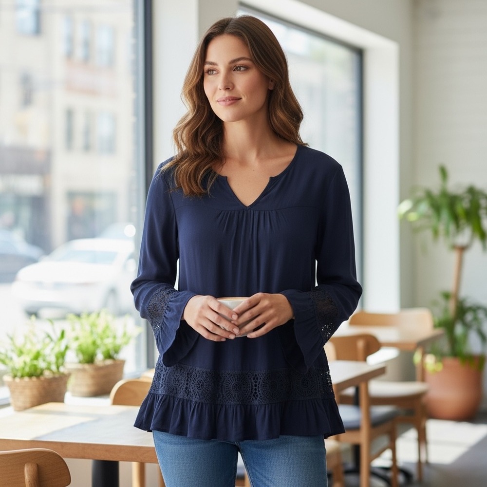 NY Collection Womens Size XS Navy Blue Long Sleeve Lace Trim Peasant Blouse Top‎